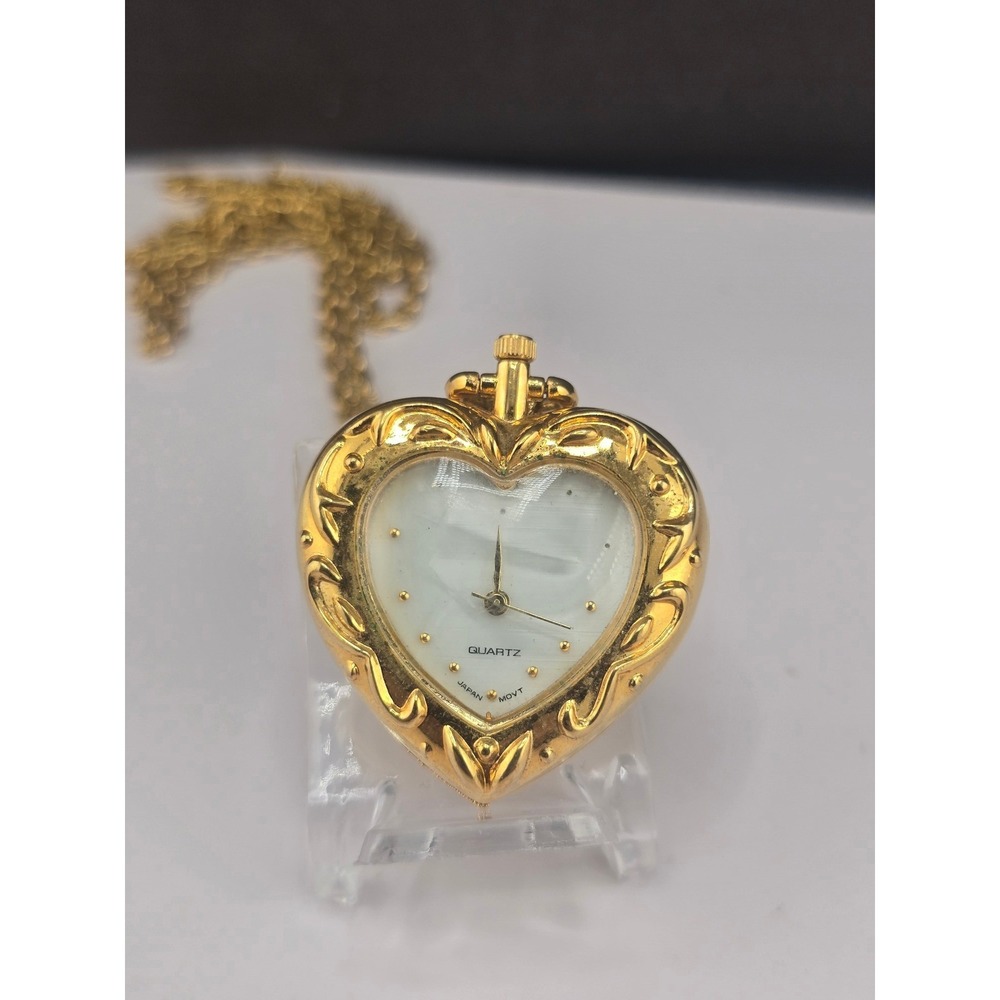 Vintage Avon Heart Pendant Watch Necklace Gold Tone NEEDS BATTERY